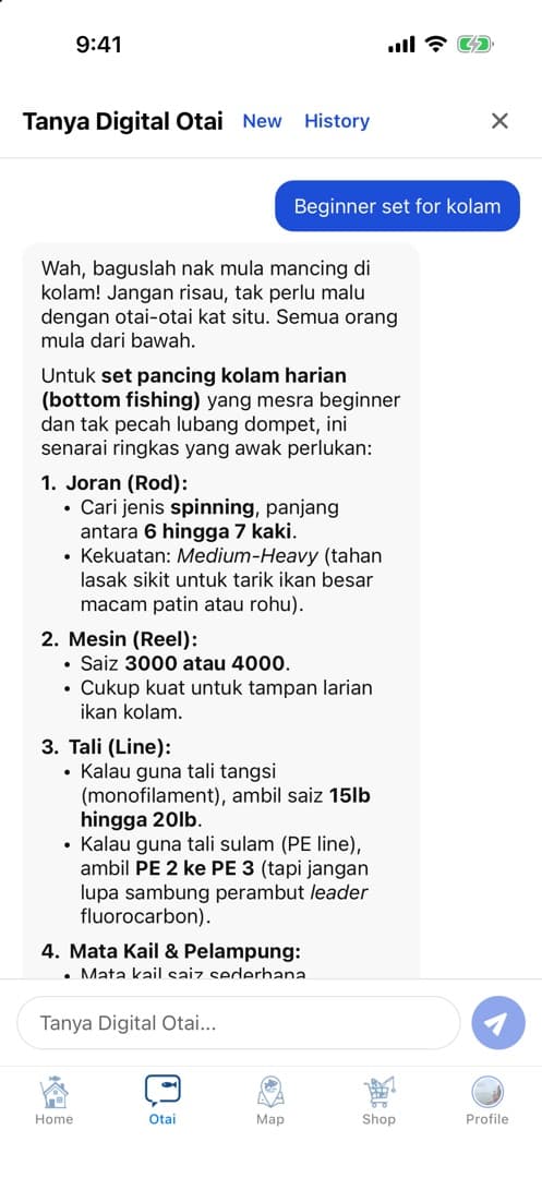 Digital Otai, the in-app AI, recommending a beginner rod, reel, and line for kolam fishing
