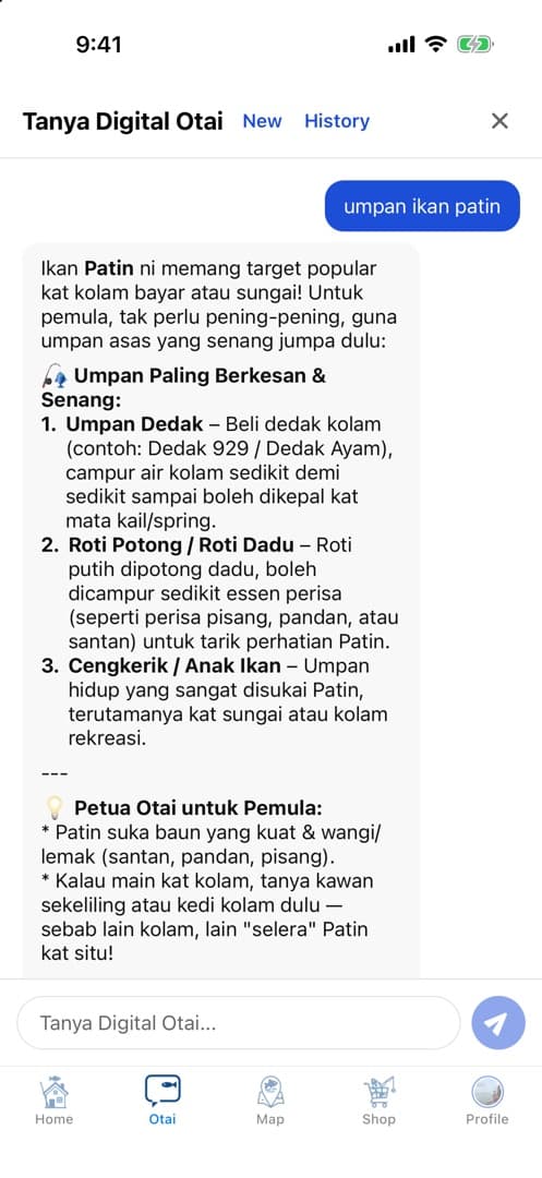 Digital Otai explaining the best local baits for patin: dedak, roti, and cengkerik
