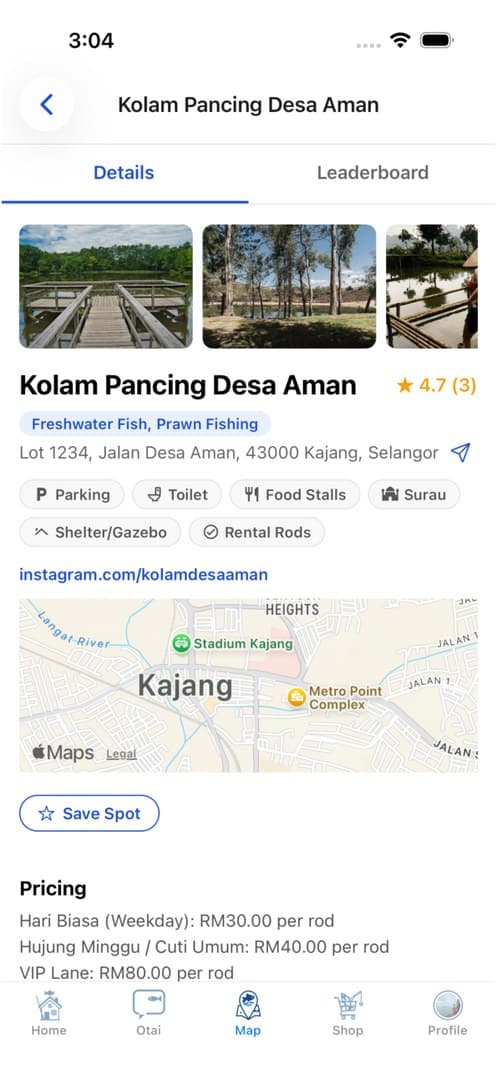 A kolam page in the app, with photos, address, map, and operating hours