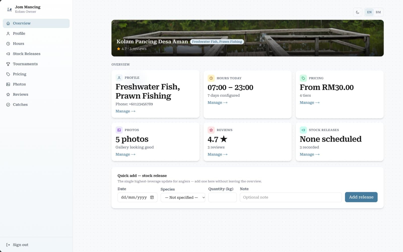 The kolam owner dashboard, showing today's hours, pricing, photos, reviews, stock releases, and a quick-add form for a stock release
