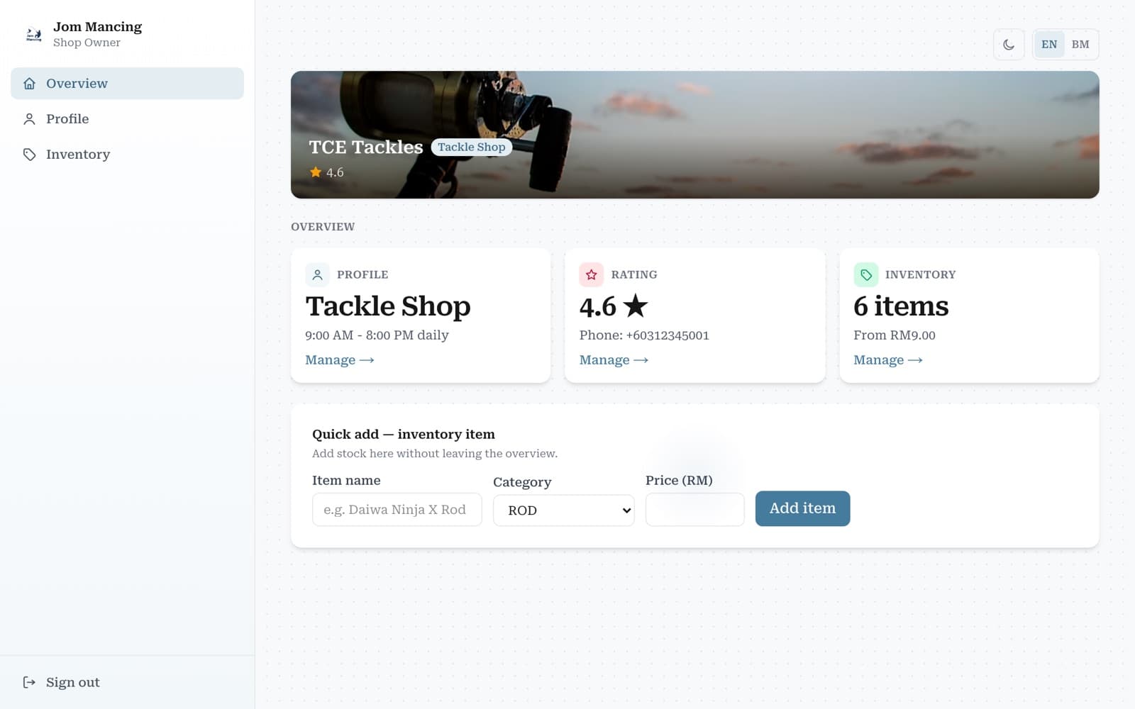 The shop owner dashboard, showing the shop profile, rating, inventory, and a quick-add form